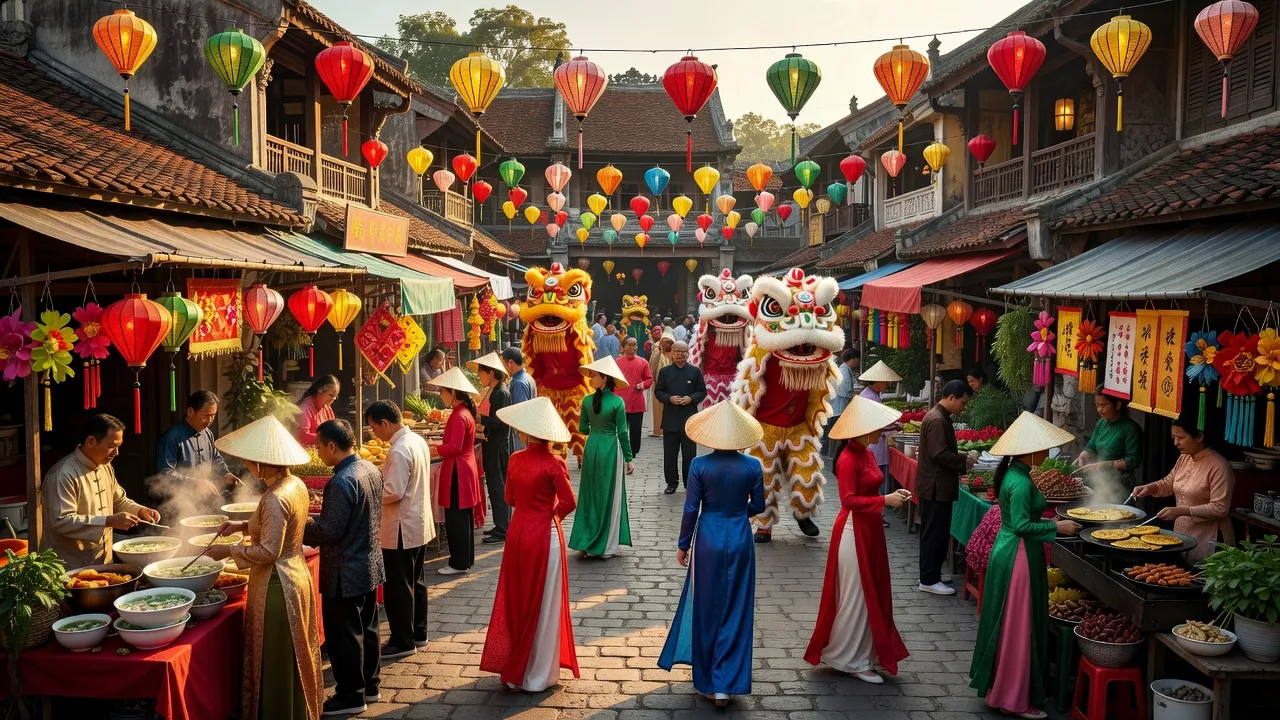 Khung cảnh văn hóa Việt Nam với trang phục truyền thống, ẩm thực và biểu diễn nghệ thuật tại chợ sôi động.