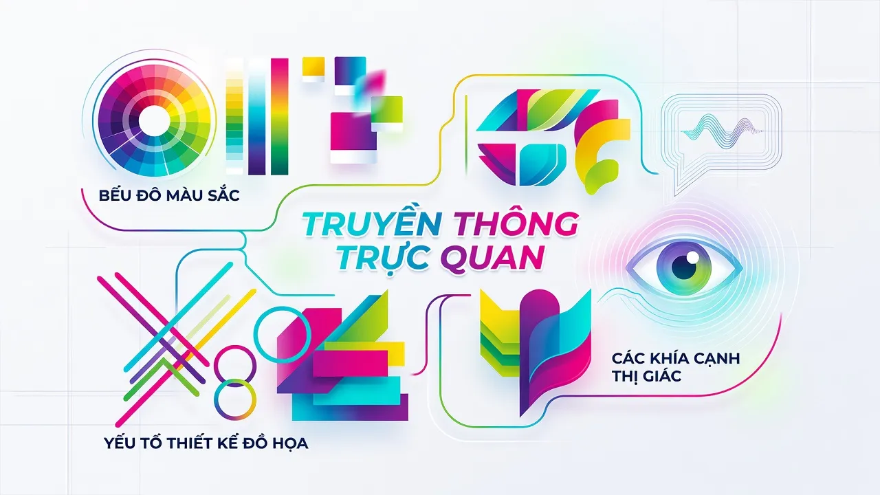 Hình ảnh mô tả các yếu tố visual trong thiết kế đồ họa, truyền thông và K-pop, màu sắc tươi sáng.