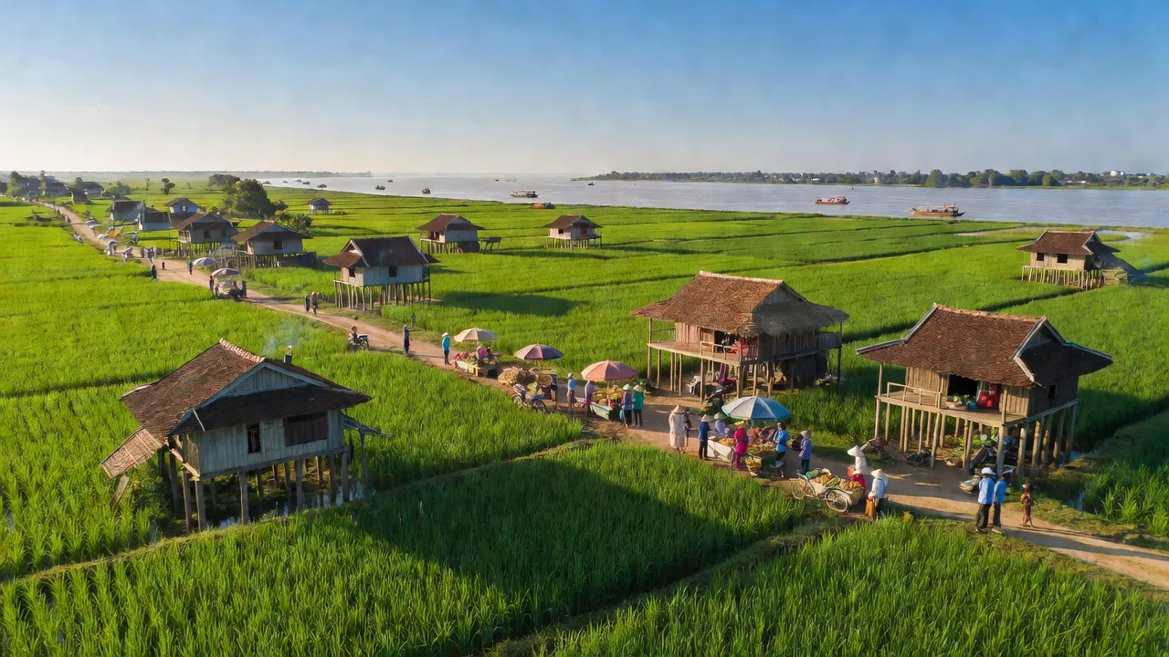 Khung cảnh huyện An Phú, An Giang với cánh đồng xanh, nhà truyền thống và hoạt động chợ địa phương.
