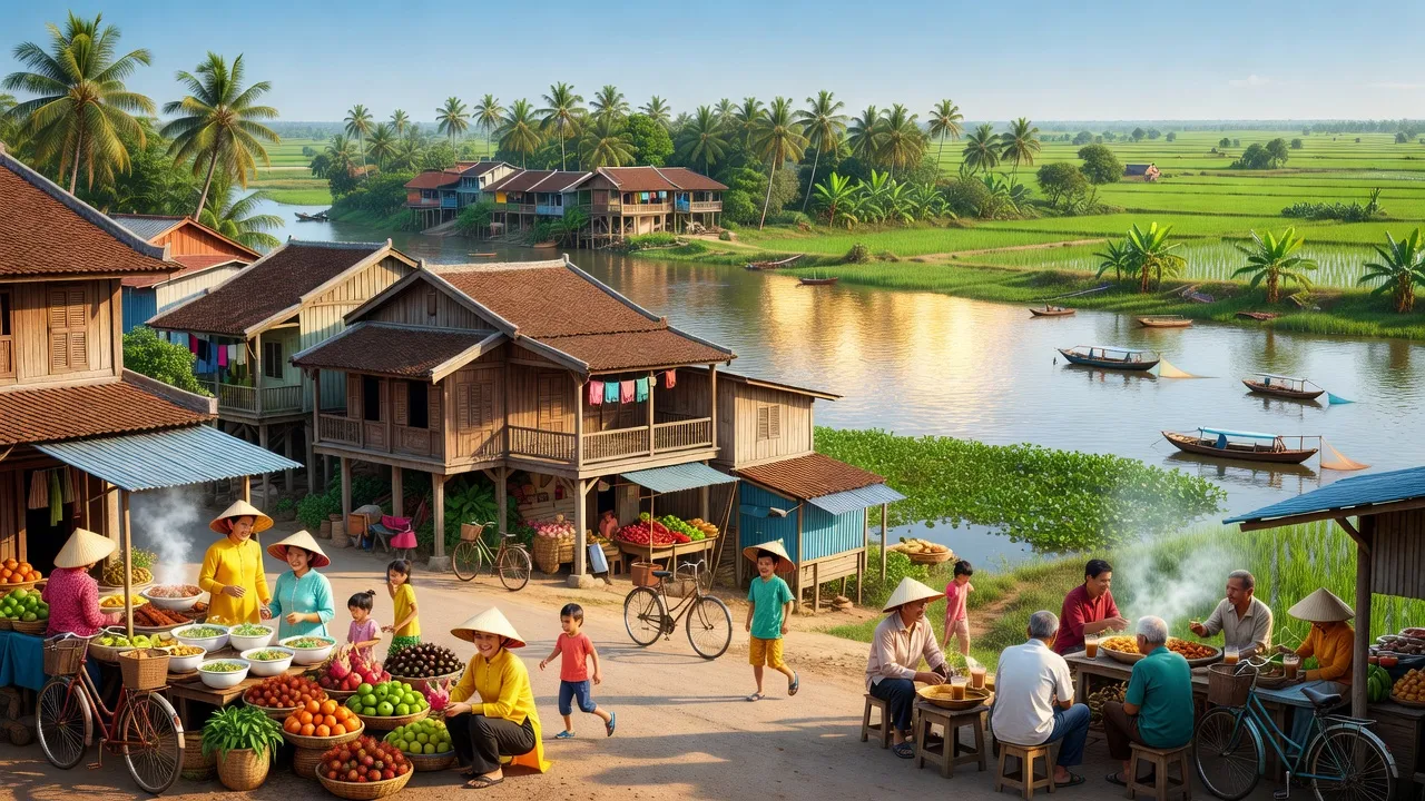 Thị trấn Đa Phước với kiến trúc truyền thống, chợ địa phương và cảnh quan màu mỡ ở An Giang.
