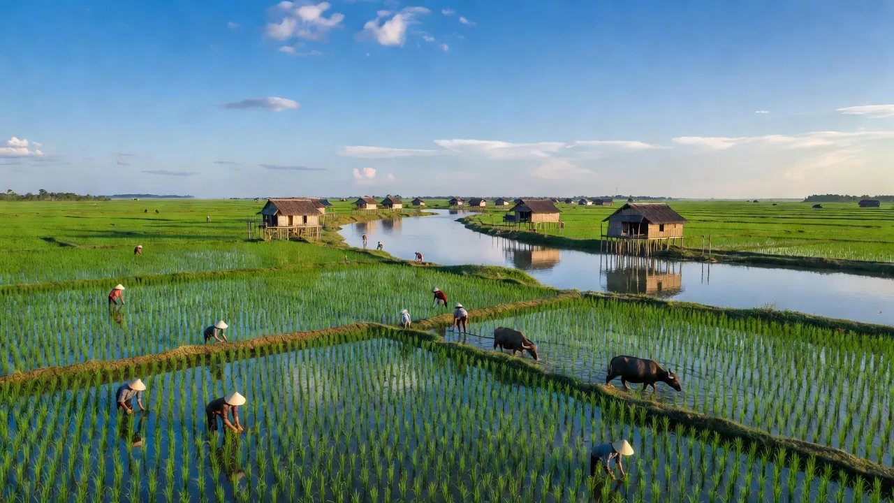 Cảnh quan bình yên tại Xã Khánh An, Huyện An Phú, Tỉnh An Giang với đồng bằng xanh màu lúa và nhà truyền thống.