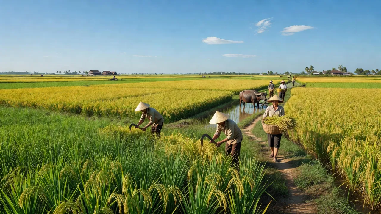Khung cảnh yên bình xã Khánh An, huyện An Phú, tỉnh An Giang, với đồng ruộng xanh tươi và hoạt động nông nghiệp.