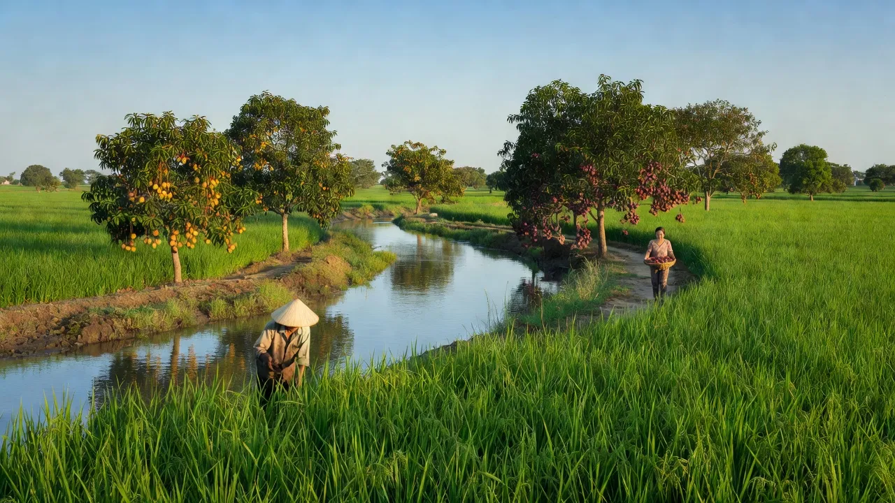 Cánh đồng lúa và sông Bình Di ở Xã Khánh Bình, An Phú, An Giang, thể hiện đời sống nông nghiệp.