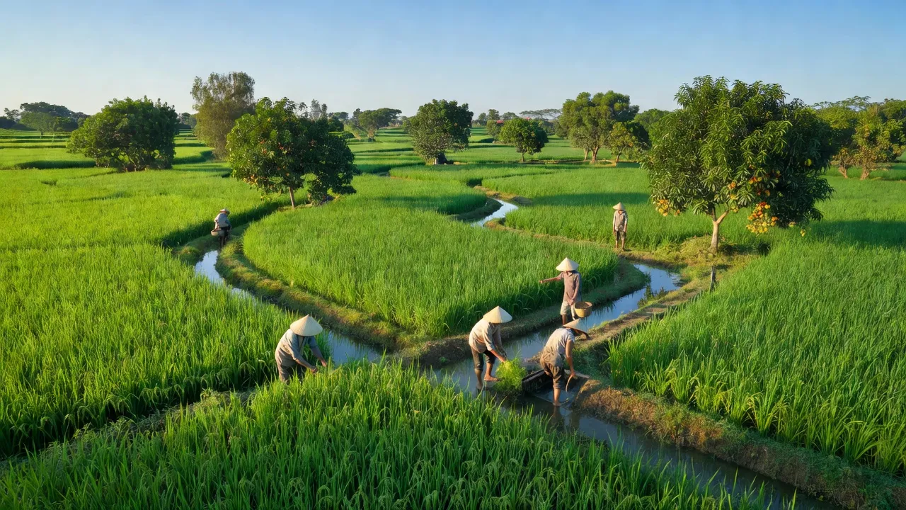 Cánh đồng xanh Xã Khánh Bình, An Phú, An Giang, với kênh rạch và cây trái phong phú.