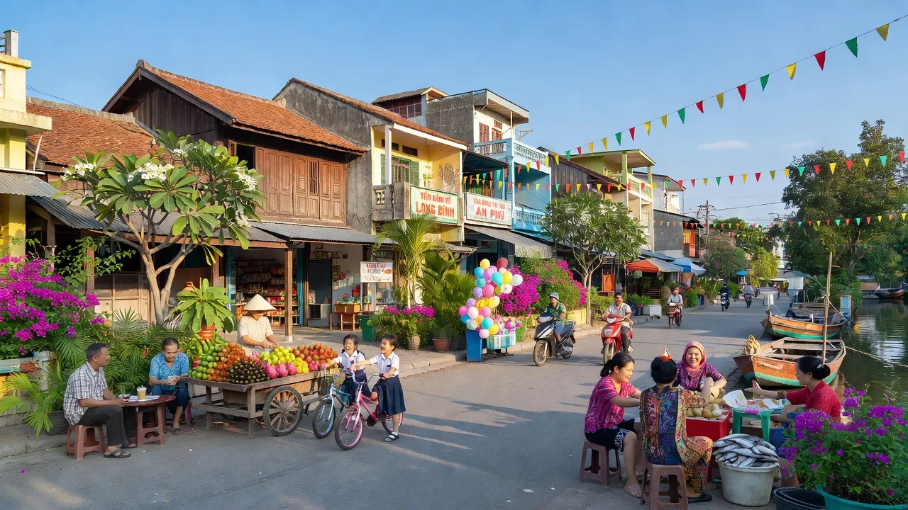 Thị trấn Long Bình, An Phú, An Giang với phong cảnh xanh tươi và hoạt động cộng đồng năng động.