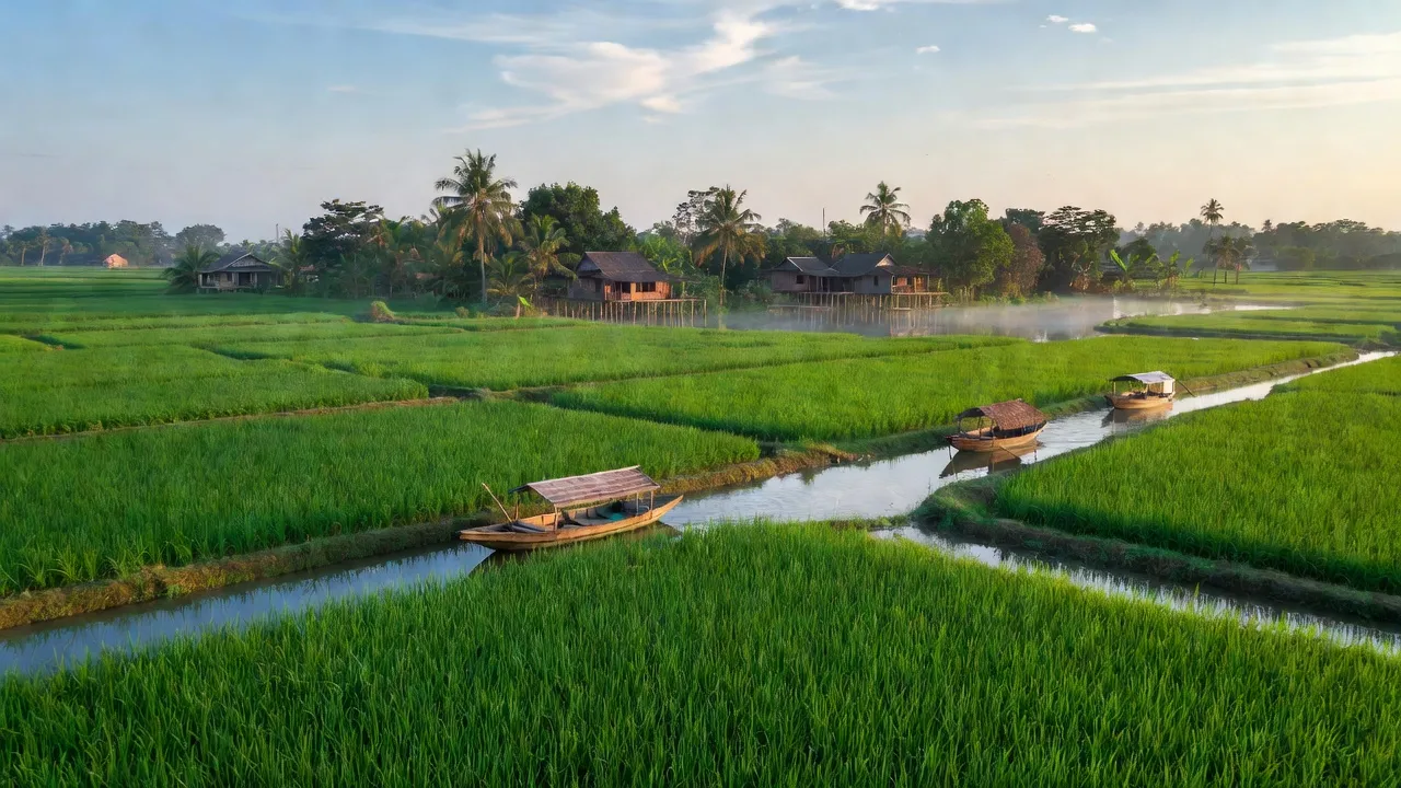Cảnh quan đẹp của xã Nhơn Hội, An Phú, An Giang với cánh đồng xanh và dòng nước yên bình.
