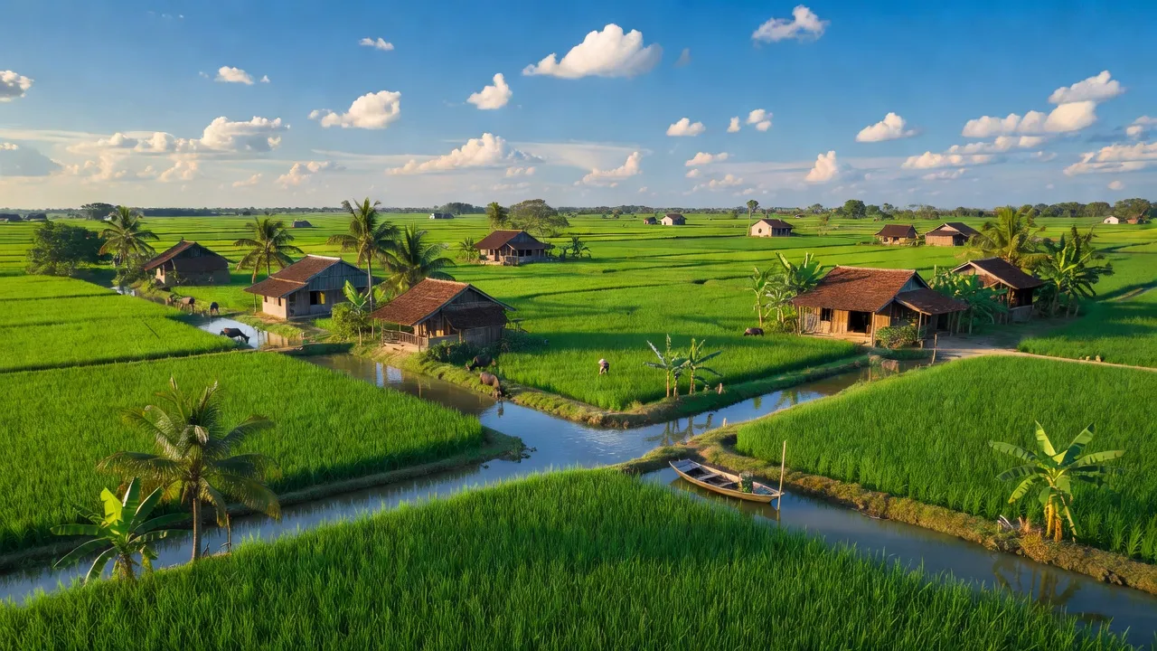 Khung cảnh đẹp của xã Phú Hội, huyện An Phú, tỉnh An Giang với cánh đồng và sông nước.