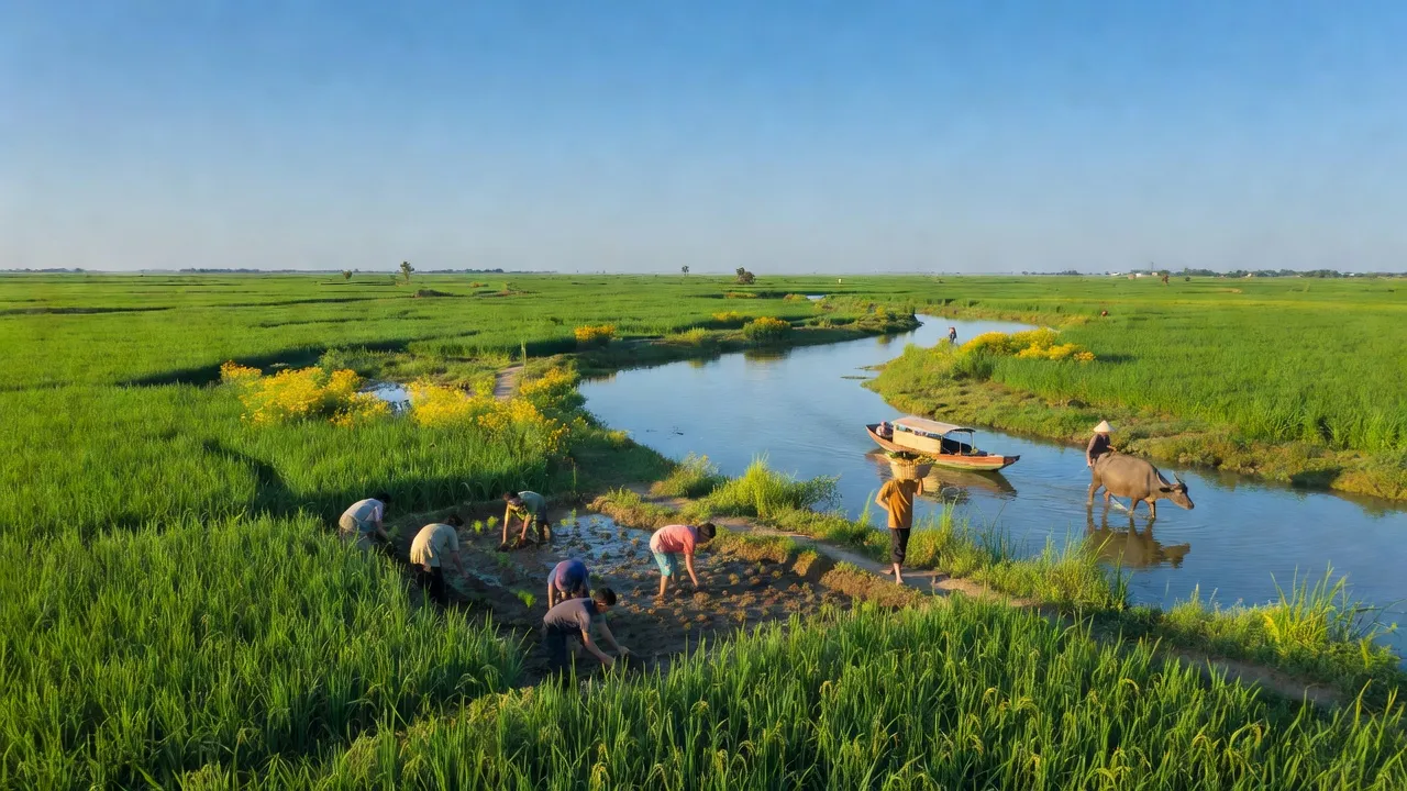 Khung cảnh xã Phú Hội, huyện An Phú, tỉnh An Giang với ruộng lúa xanh tươi và sông nước.