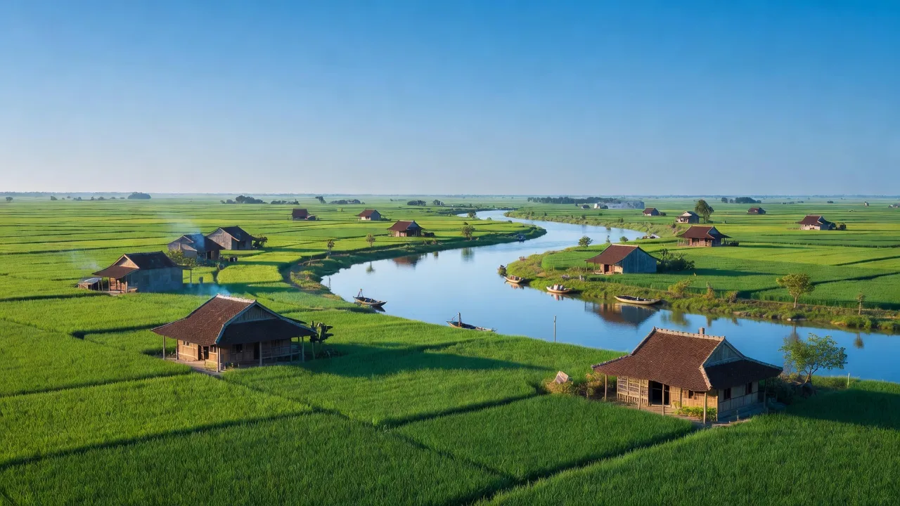 Cảnh đẹp Xã Phú Hữu, huyện An Phú, tỉnh An Giang với cánh đồng xanh và nhà truyền thống.
