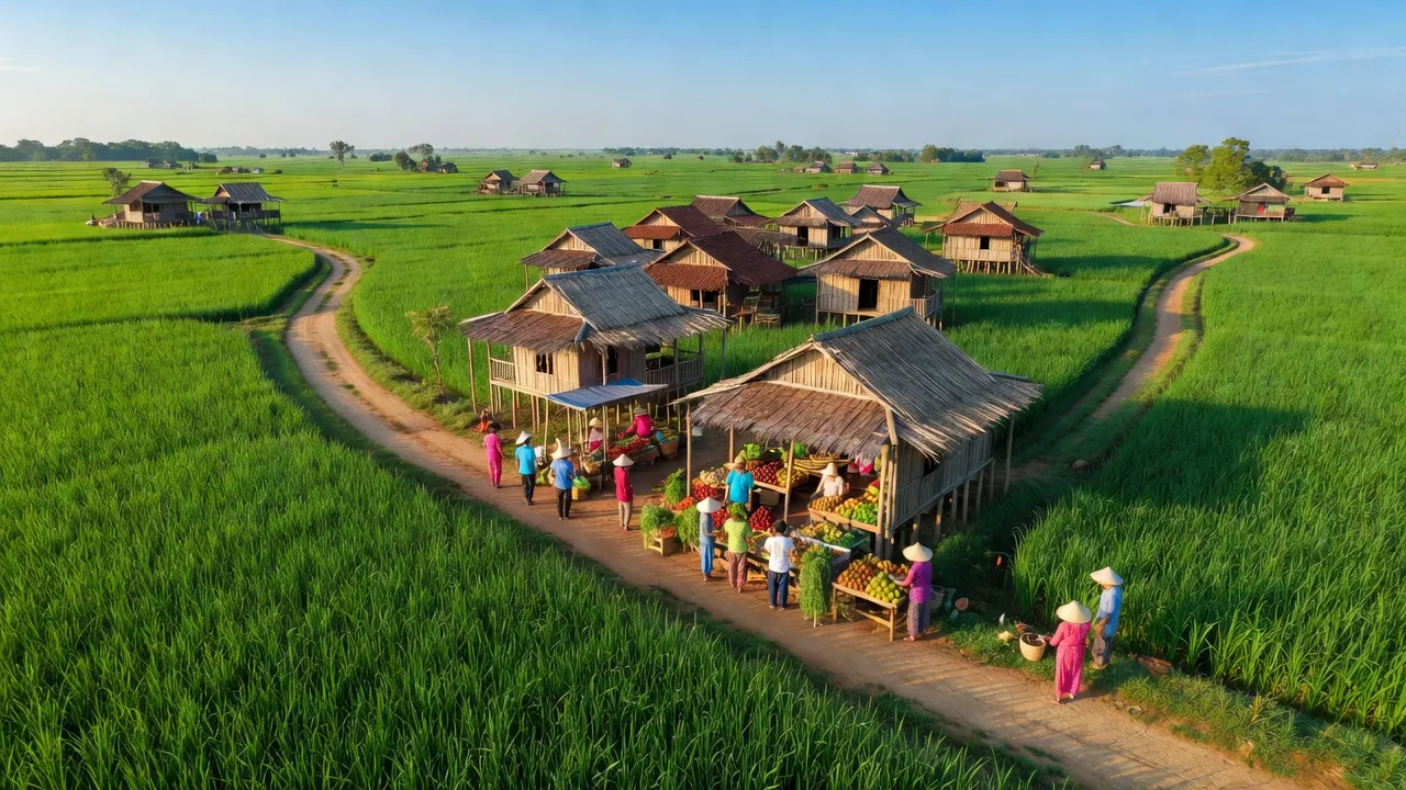 Khung cảnh làng Phú Hữu, huyện An Phú, tỉnh An Giang với cánh đồng xanh và cuộc sống hàng ngày của người dân.