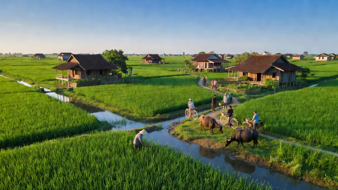 Khung cảnh làng Phước Hưng ở An Phú, An Giang với cánh đồng xanh và nhà cửa truyền thống.