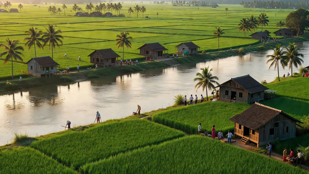 Khung cảnh bình yên tại xã Quốc Thái, An Phú, An Giang với sông Hậu và cánh đồng xanh.