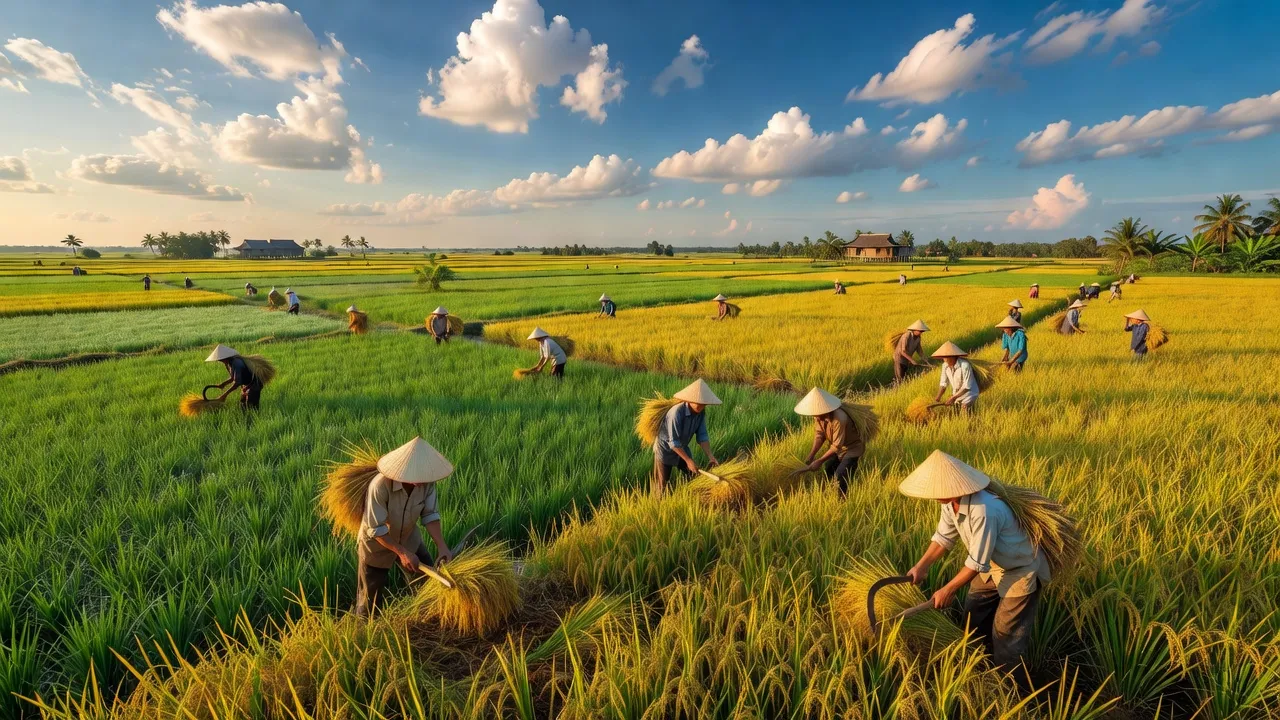 Cảnh quan nông thôn xã Vĩnh Hậu, huyện An Phú, tỉnh An Giang với ruộng lúa và bầu trời trong xanh.