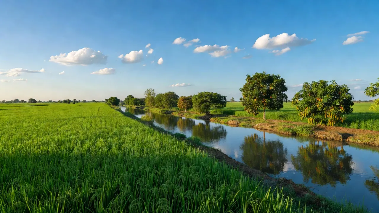Cánh đồng lúa xanh và cây ăn trái tại Vĩnh Hội Đông, An Phú, An Giang, Việt Nam.