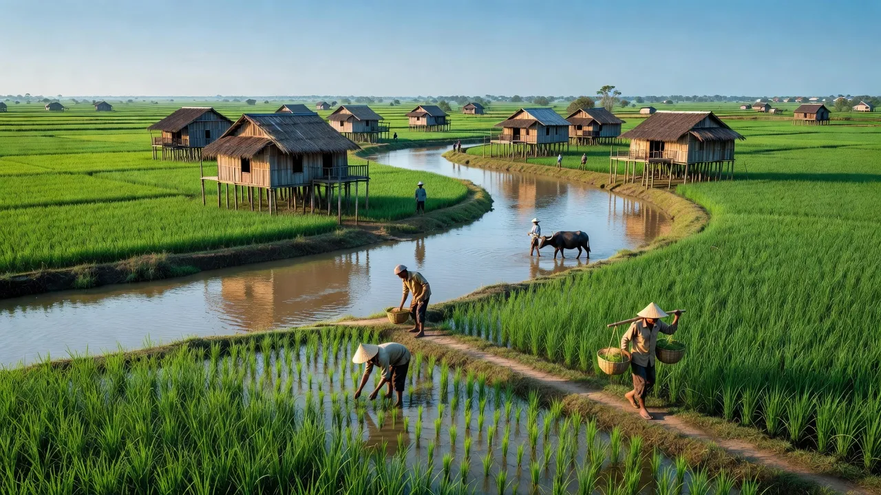 Cảnh đồng xanh Vĩnh Lộc, huyện An Phú, An Giang với sông ngòi và nhà truyền thống.