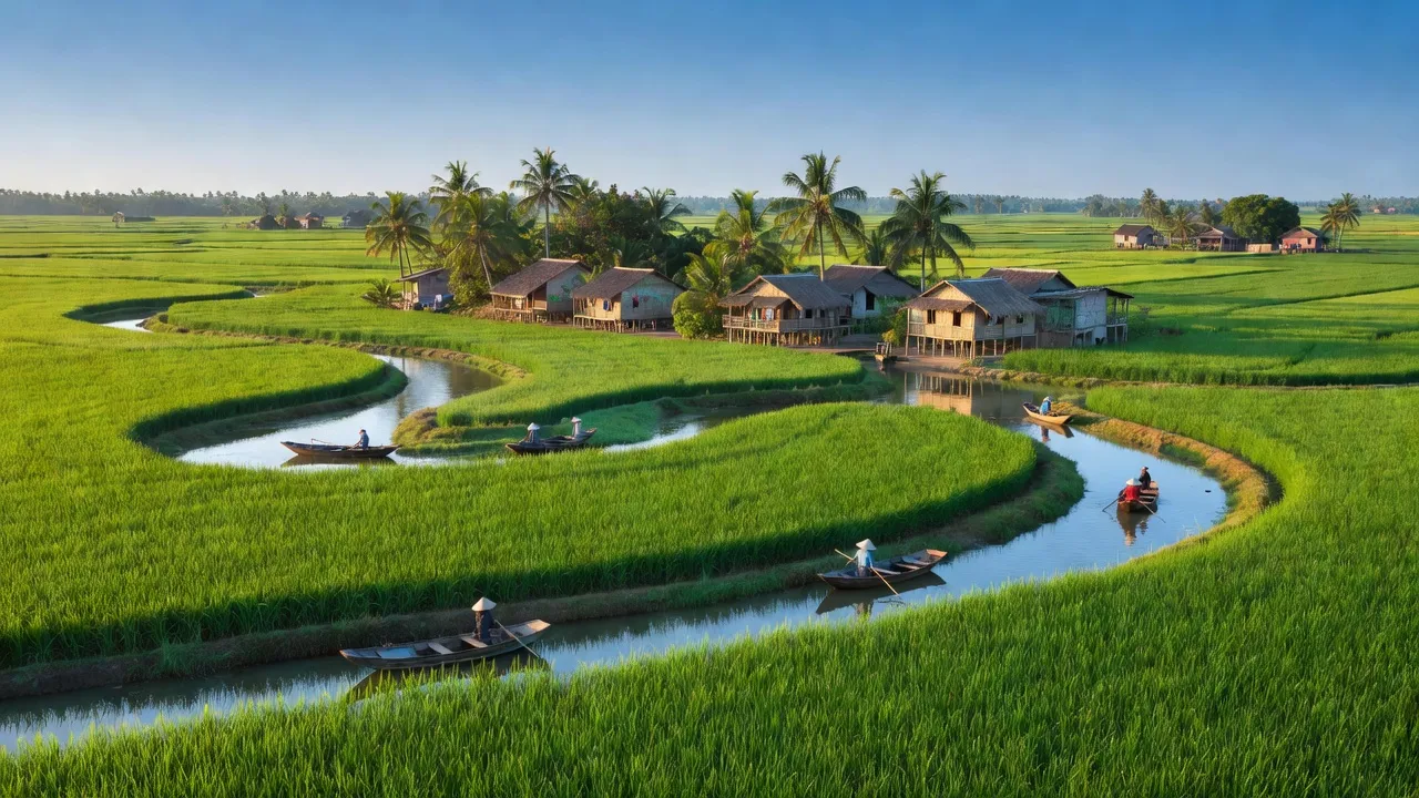 Khung cảnh xanh tươi xã Vĩnh Lộc, huyện An Phú, tỉnh An Giang với sông ngòi và ruộng lúa.