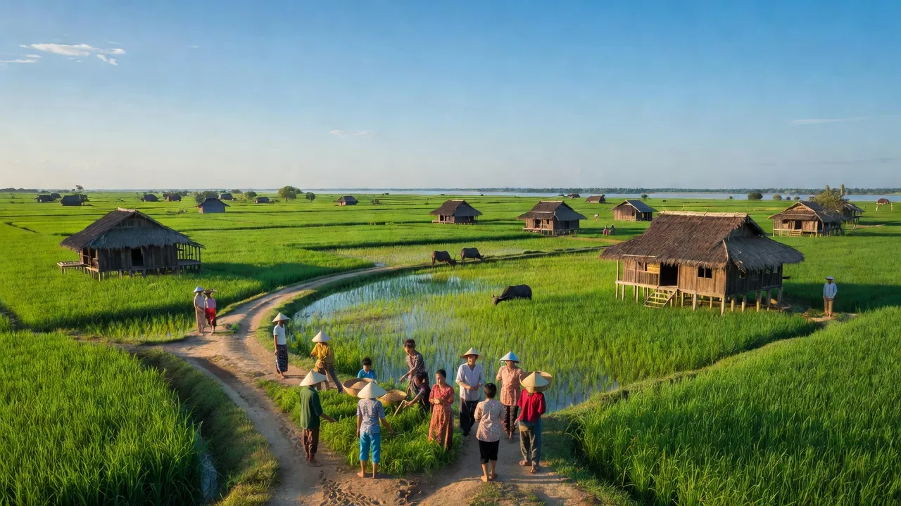 Khung cảnh Vĩnh Trường, An Phú, An Giang với cánh đồng xanh và nhà truyền thống.