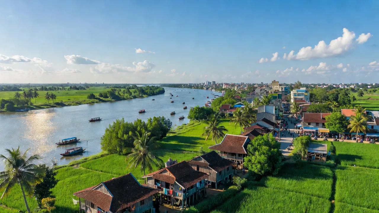 Cảnh quan thành phố Châu Đốc, tỉnh An Giang với sông Mekong và nhà truyền thống.