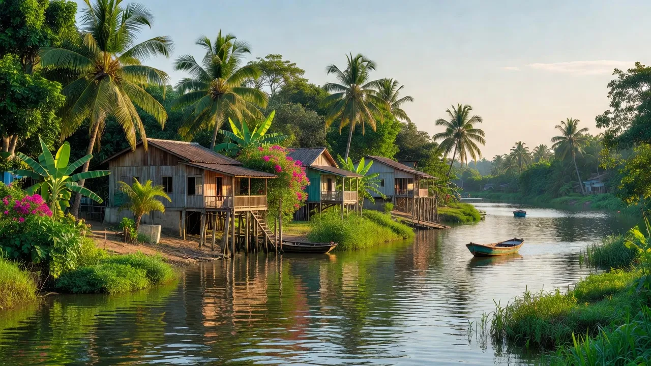 Khung cảnh Phường Châu Phú A, Châu Đốc với sông Hậu và cây xanh, vùng Đồng bằng sông Cửu Long.