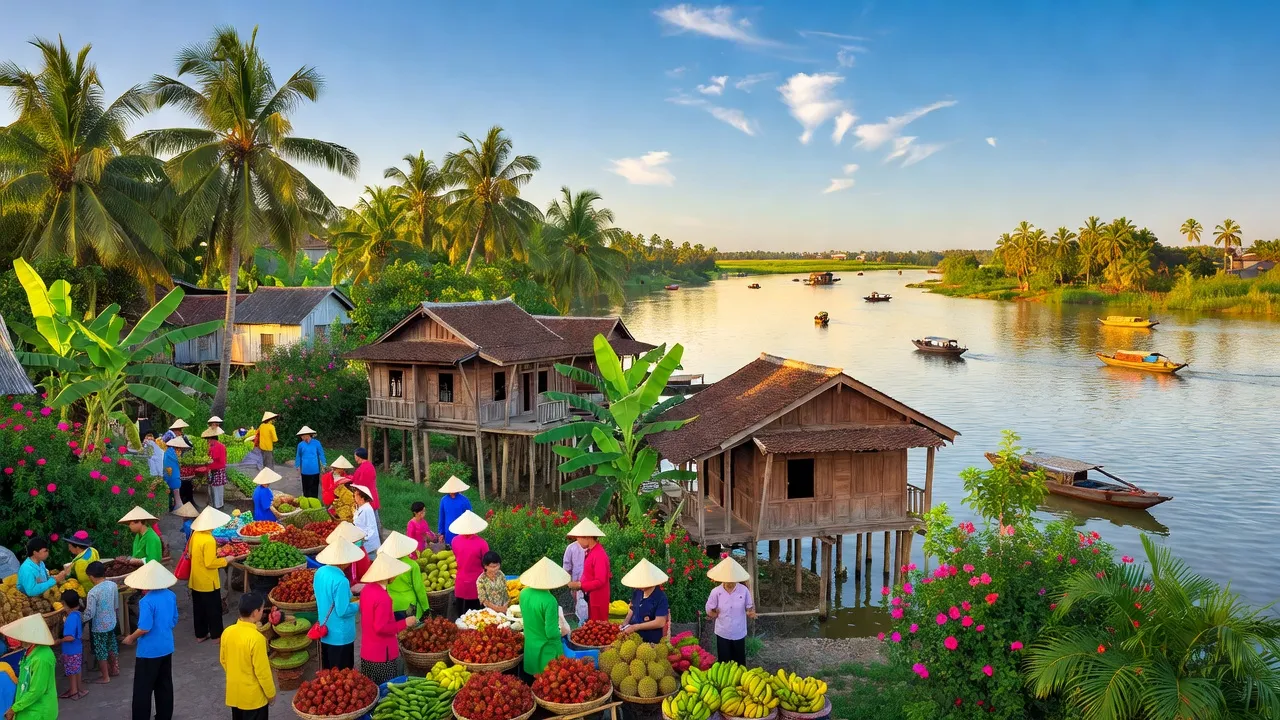 Cảnh quan phường Vĩnh Mỹ, Châu Đốc, An Giang với sông Hậu và nhà cửa truyền thống.