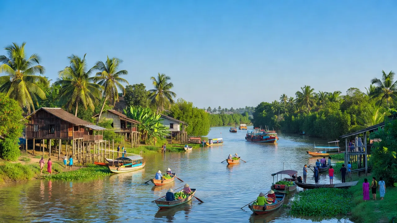 Khung cảnh Phường Vĩnh Mỹ ở Châu Đốc, An Giang với sông Hậu và cuộc sống địa phương sôi động.