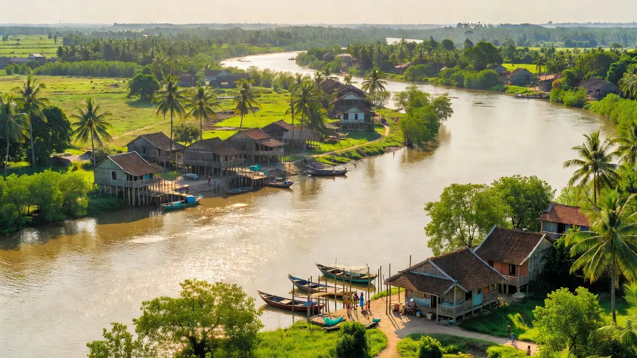 Cảnh quan phường Vĩnh Ngươn, Châu Đốc, An Giang với sông Hậu và cây xanh, thể hiện cuộc sống địa phương.