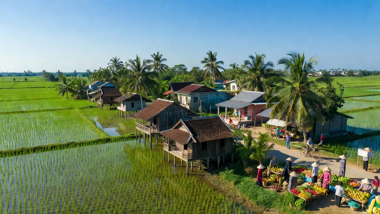 Cảnh quan Vĩnh Tế, Châu Đốc, An Giang với kiến trúc địa phương và trời xanh trong trẻo.