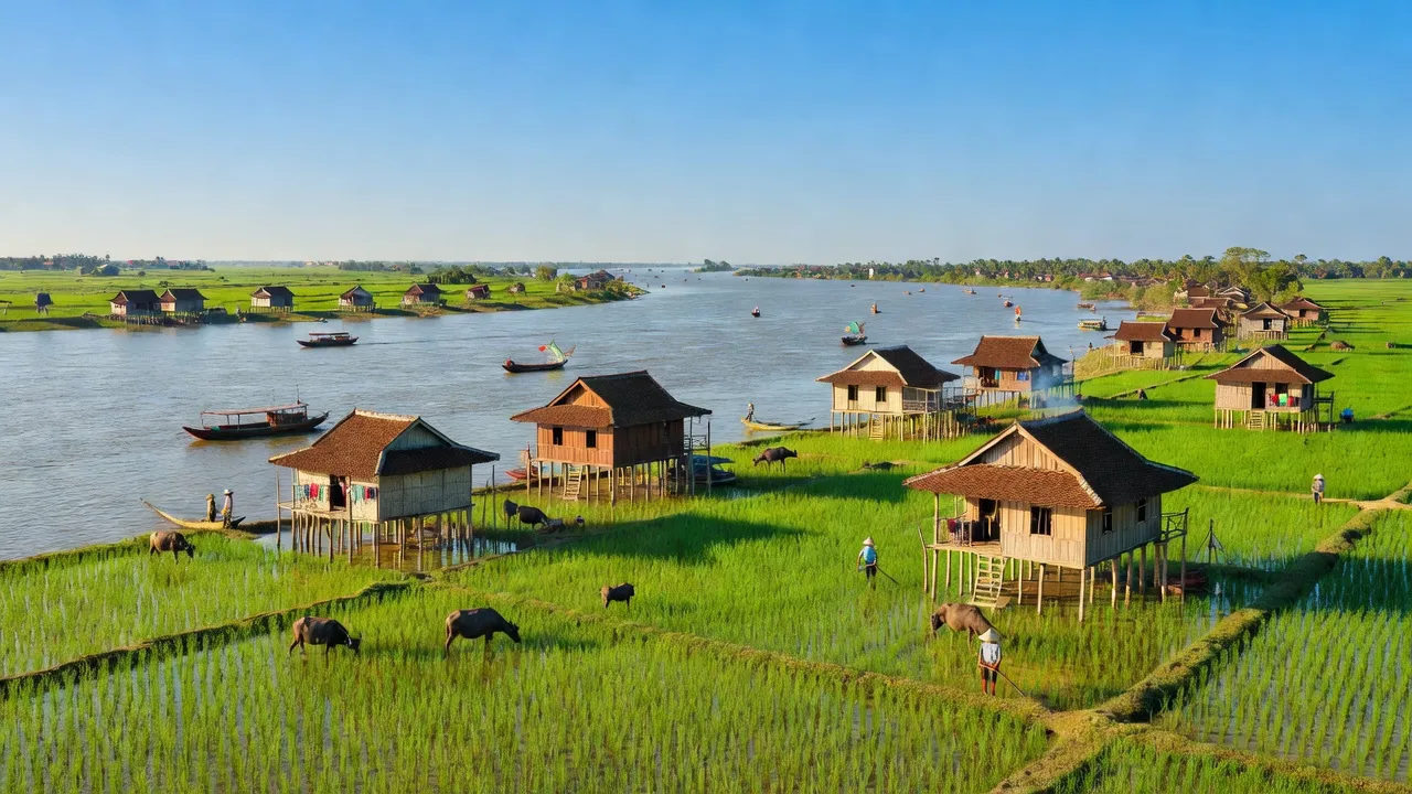 Khung cảnh đẹp khu vực Vĩnh Tế, Châu Đốc, An Giang với cánh đồng xanh và dòng Mekong.
