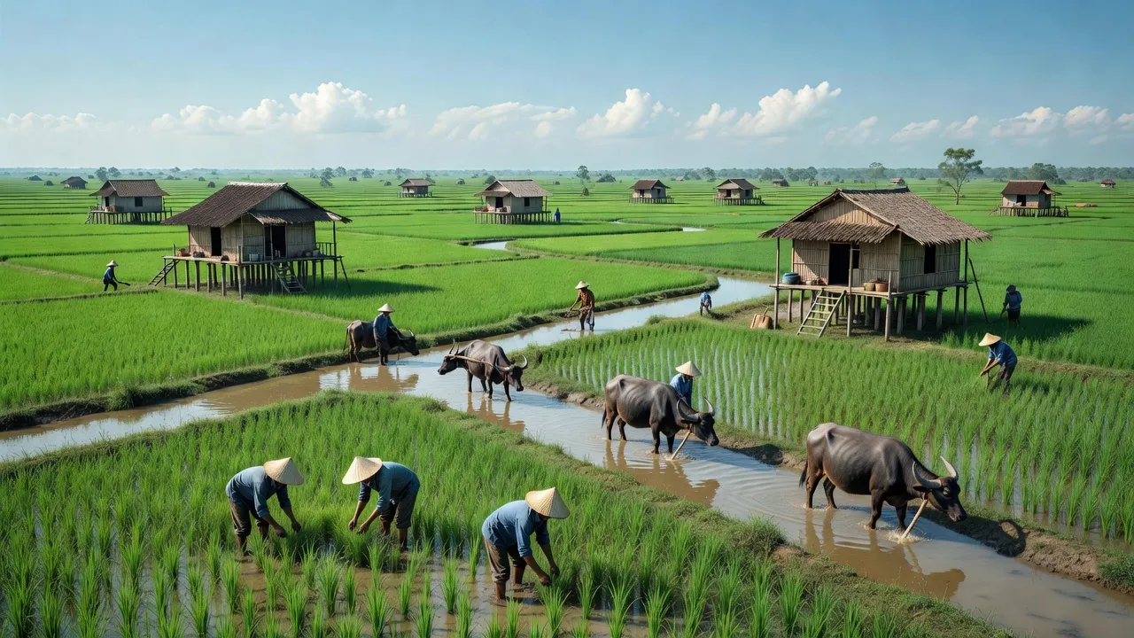Cánh đồng xanh mướt và nhà truyền thống tại huyện Châu Phú, An Giang, miền Tây Việt Nam.