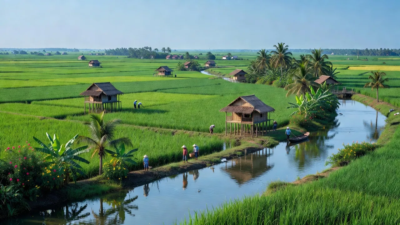 Cảnh đồng xanh tươi huyện Châu Phú, An Giang với nhà truyền thống và dòng sông yên bình.