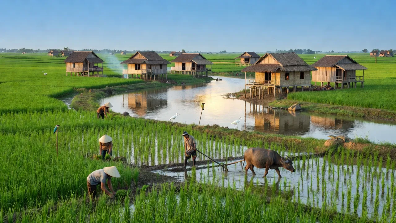 Khung cảnh xã Bình Chánh, huyện Châu Phú, tỉnh An Giang với cánh đồng và nhà truyền thống.