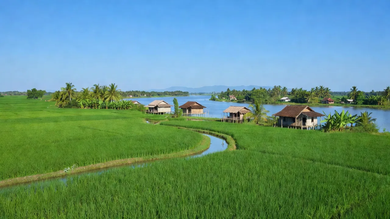 Khung cảnh nông thôn xã Bình Long, huyện Châu Phú, tỉnh An Giang với ruộng lúa xanh tươi.