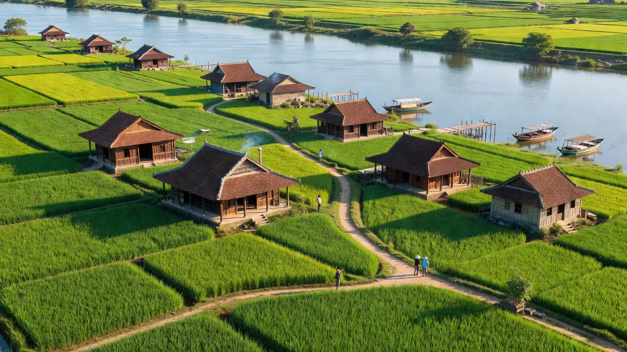 Cảnh đẹp xã Bình Mỹ, huyện Châu Phú, tỉnh An Giang với ruộng xanh và sông Hậu.