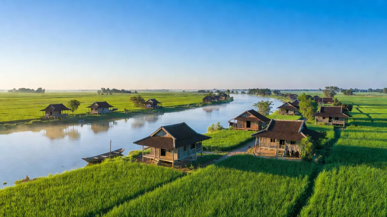 Cảnh đẹp xã Bình Mỹ, huyện Châu Phú, tỉnh An Giang với sông Hậu và đồng xanh.