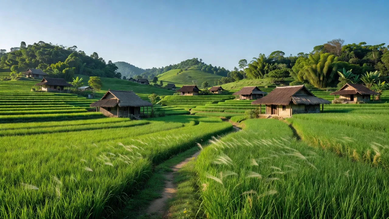 Khung cảnh yên bình xã Bình Phú, huyện Châu Phú, An Giang với ruộng lúa và nhà truyền thống.
