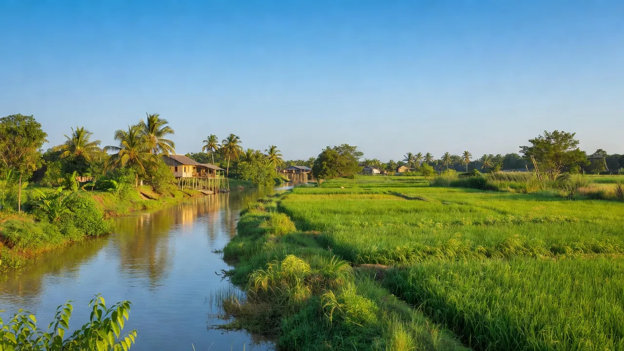 Khung cảnh yên bình ở xã Bình Thủy, huyện Châu Phú, An Giang với sông Hậu và cánh đồng xanh.