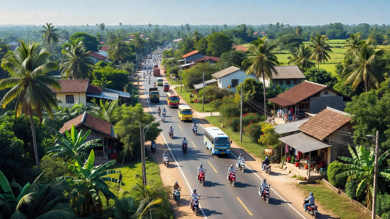 Thị trấn Cái Dầu, huyện Châu Phú, An Giang, với Quốc lộ 91 nhộn nhịp và cảnh nông thôn xanh tươi.
