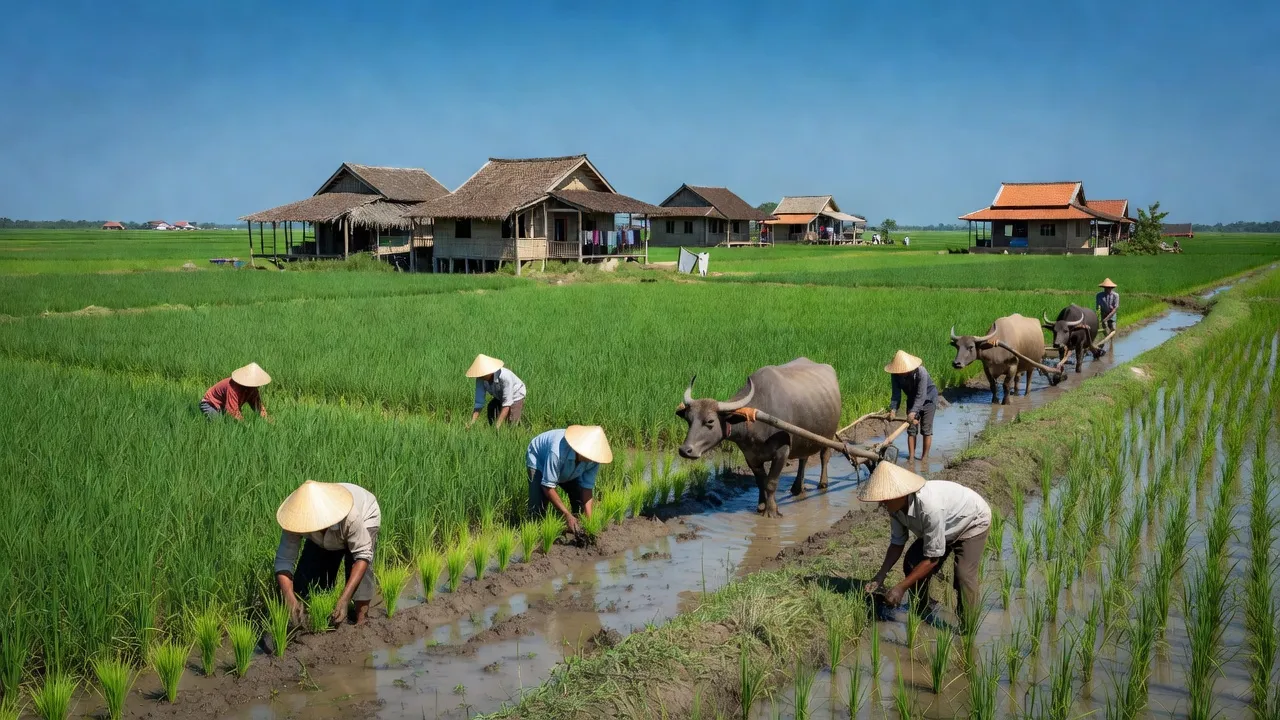 Khánh Hòa village in Châu Phú, An Giang, showcasing rice fields and traditional Vietnamese houses.