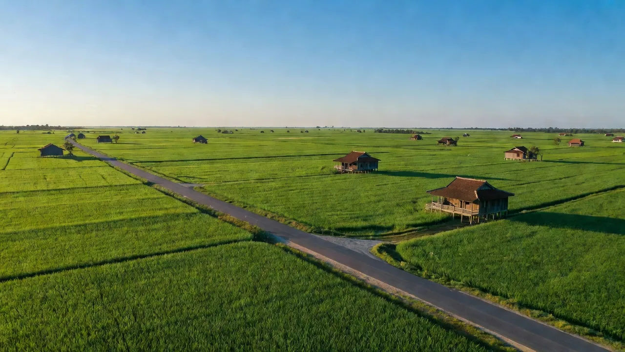 Phong cảnh xã Mỹ Đức, huyện Châu Phú, An Giang với cánh đồng xanh và đường giao thông.