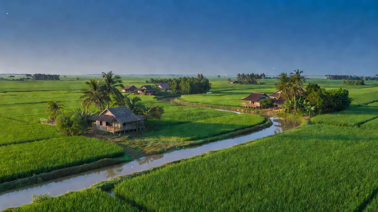 Cảnh làng Mỹ Phú, huyện Châu Phú, tỉnh An Giang với đồng ruộng xanh tươi và kênh rạch.