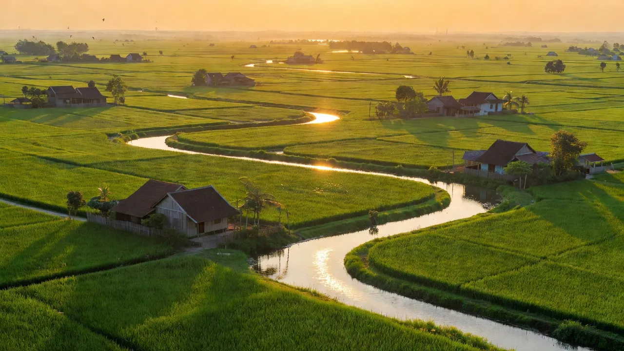 Cảnh quan xã Mỹ Phú, huyện Châu Phú, An Giang với kênh rạch và cánh đồng xanh.