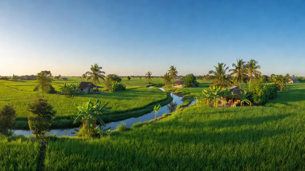 Cảnh quan nông thôn Ô Long Vỹ, huyện Châu Phú, An Giang, với ruộng xanh và con sông nhỏ.