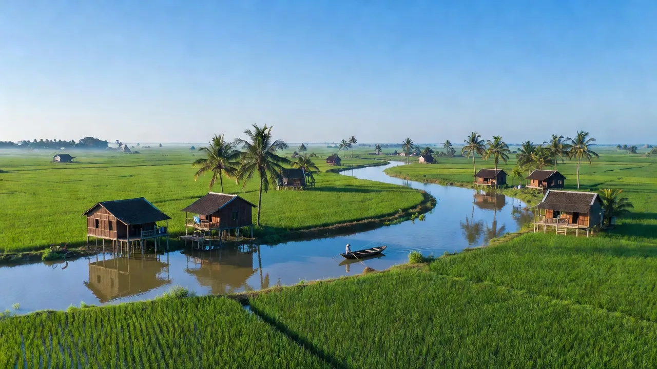 Ô Long Vỹ village in Châu Phú, An Giang, featuring lush landscapes, rice fields, and rivers.