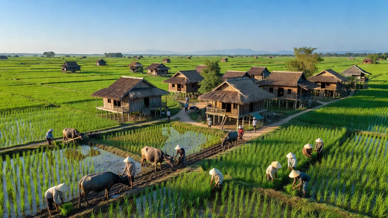 Cảnh quan Thạnh Mỹ Tây, huyện Châu Phú, An Giang với cánh đồng xanh và nhà truyền thống.