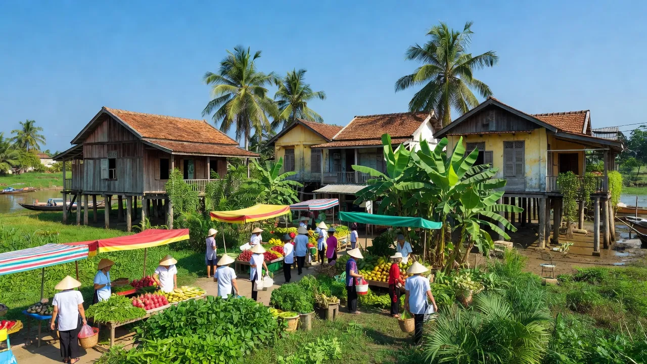 Thị trấn Vĩnh Thạnh Trung, huyện Châu Phú, An Giang với kiến trúc truyền thống và hoạt động chợ địa phương.
