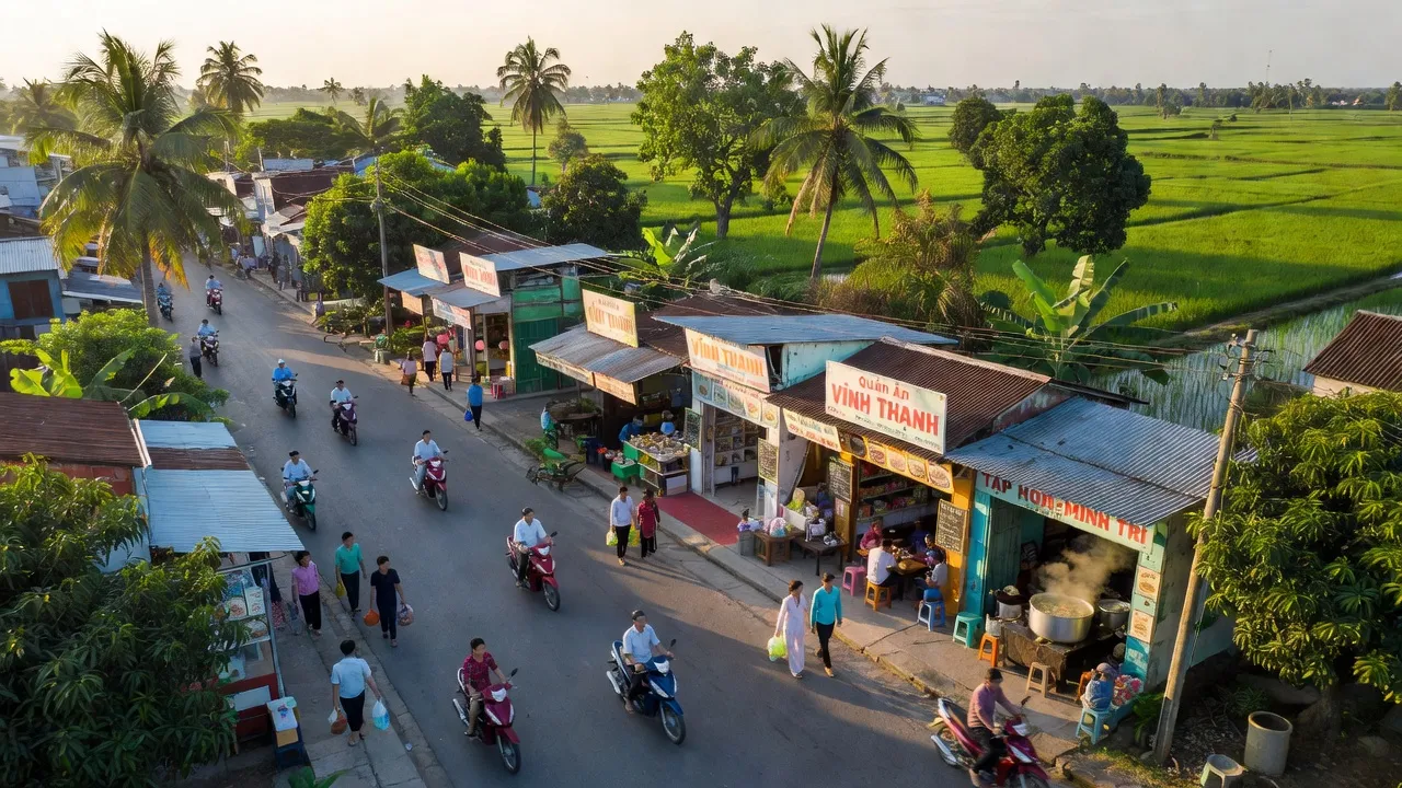 Thị trấn Vĩnh Thạnh Trung nhộn nhịp với hàng quán và cánh đồng xanh tại huyện Châu Phú.