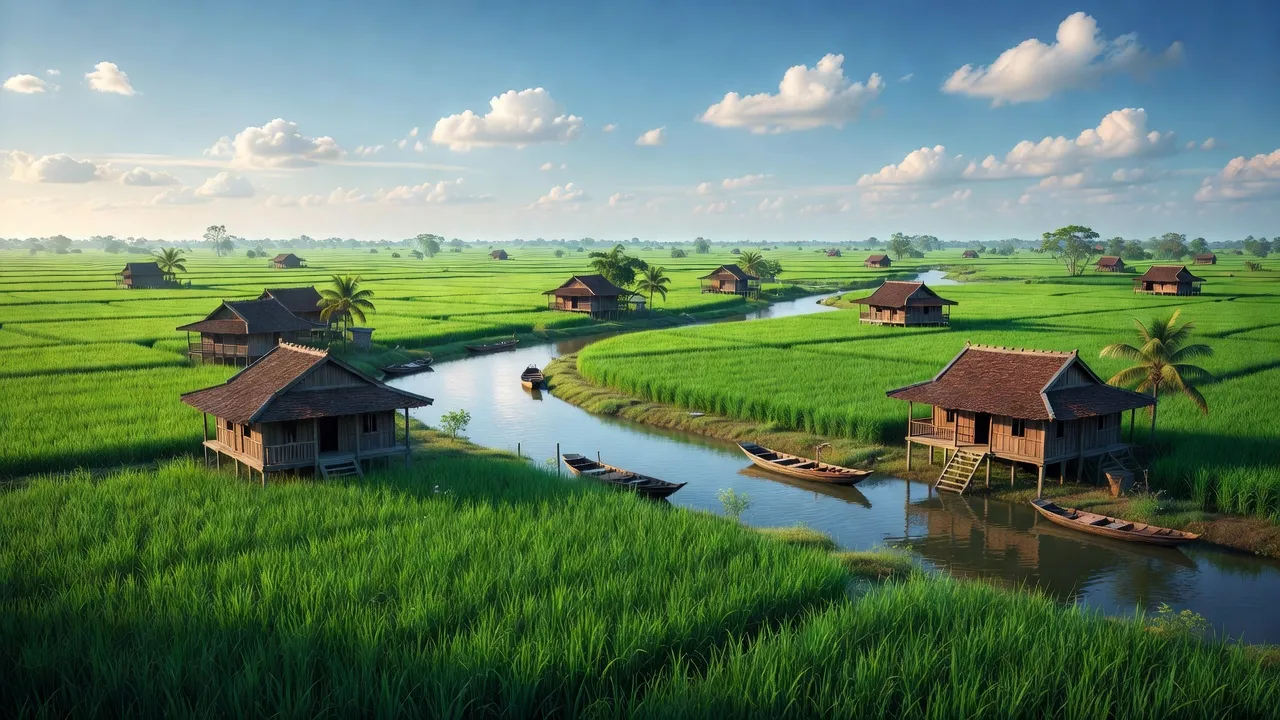 Cảnh quan huyện Châu Thành, An Giang với đồng lúa xanh và nhà truyền thống, nét đẹp văn hóa.