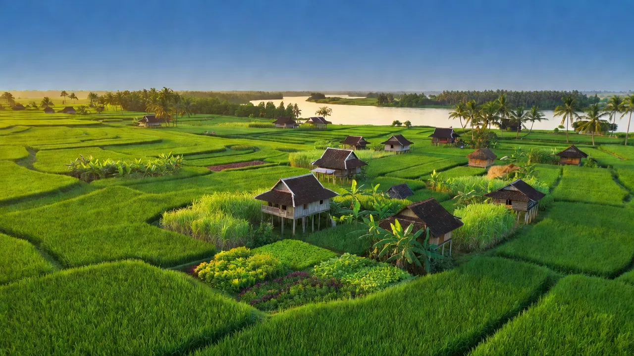 Quang cảnh huyện Châu Thành, tỉnh An Giang với cánh đồng xanh mướt và nhà truyền thống.