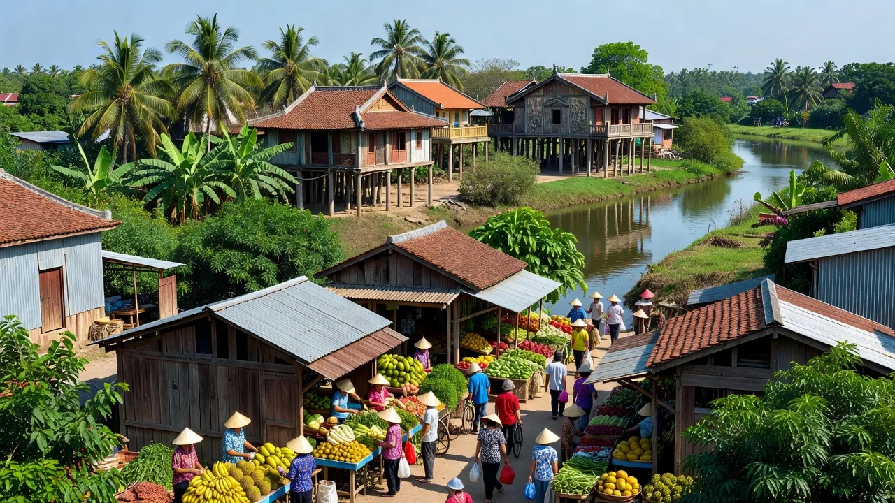 Thị trấn An Châu, Châu Thành, An Giang với chợ địa phương và kiến trúc truyền thống trong nắng.