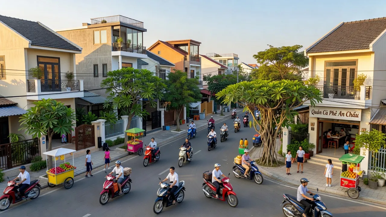 Thị trấn An Châu nhộn nhịp với nhà cửa hiện đại và không gian xanh ở An Giang.